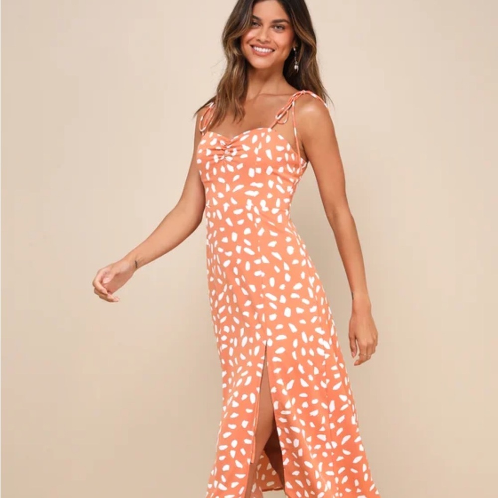 Lulus Party In Paris Light Orange Print Tie-strap Midi Dress - Size S - Picture 4 of 7